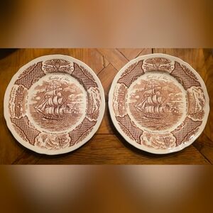 2 Alfred Meakin England Dinner Plates Brown Transferware Friendship of Salem